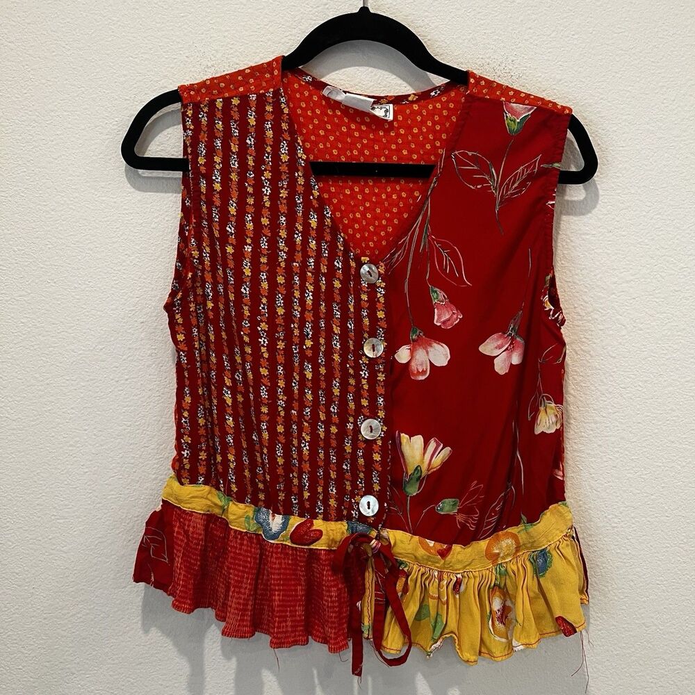 Vtg Y2K Patchwork Cami Tank Top Women Sz M Boho Festival Hippie Floral Prairie
